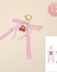 12PCS - Cherry Charm Accent Pearl Beaded Gingham Bow Bag Charm Keychains
