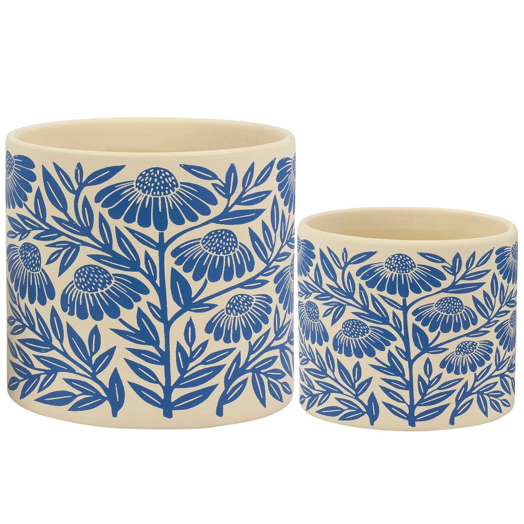 Blue Folk Art Planter Set