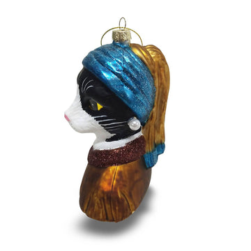 Tuxedo Cat with A Pearl Earring Glass Ornament