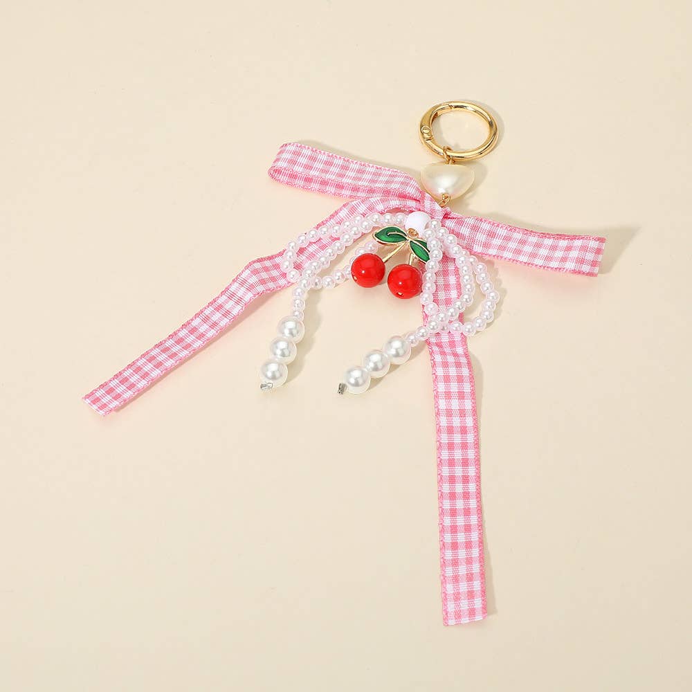 12PCS - Cherry Charm Accent Pearl Beaded Gingham Bow Bag Charm Keychains
