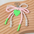 Heart Charm Dangle Double Pearl Beaded Loop Bow Keychain / Bag Charm