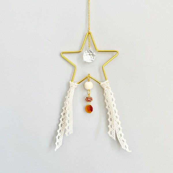 Decorative Shooting Star Galaxy Suncatcher with Warm Neutral Ribbons