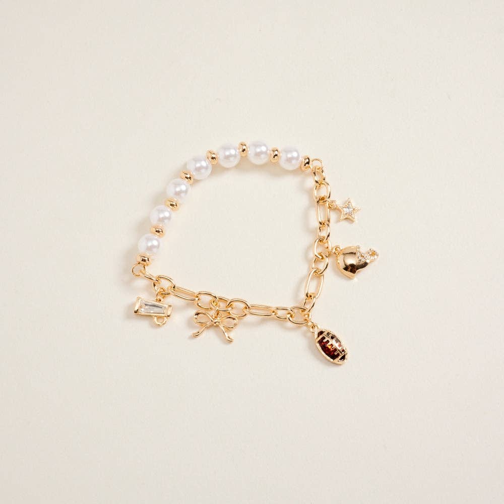 7.25 Inch Football Charms Pearl Chain Stretch Bracelet
