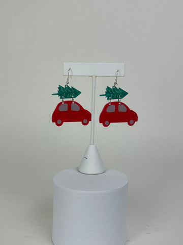 Tree On Red Car - Holiday Earrings