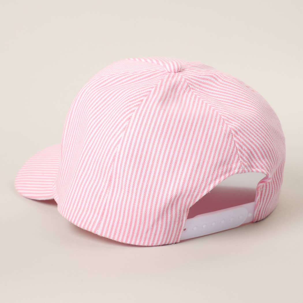 French Bulldog Embroidered Seersucker Stripe Trucker Hat
