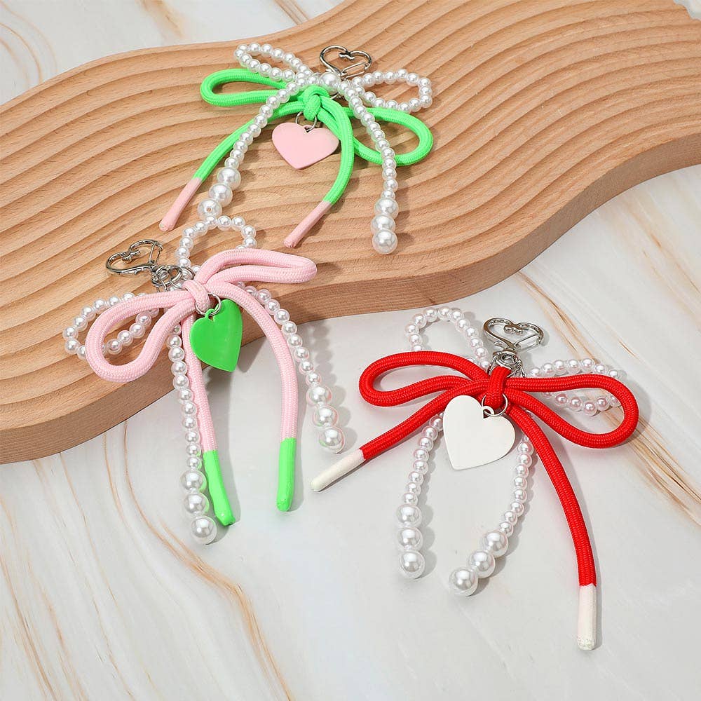 Heart Charm Dangle Double Pearl Beaded Loop Bow Keychain / Bag Charm