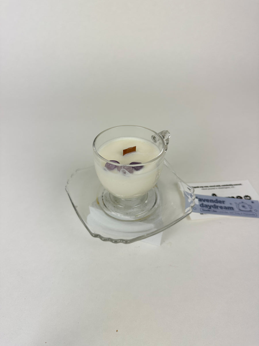 Lavender - Organic Soy Wax Candle, Small Clear Teacup and Saucer