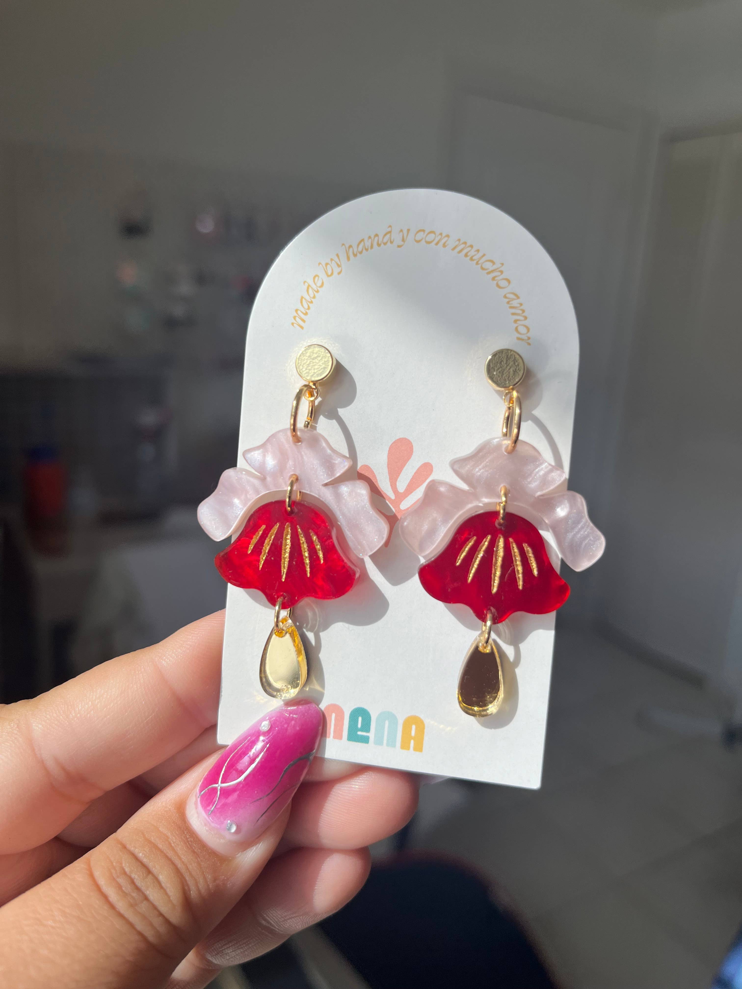 Pink and Red Pearl Bellflower Earrings 