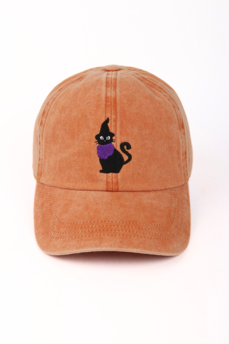 HALLOWEEN Cat with Witch Hat Embroidered Baseball Cap