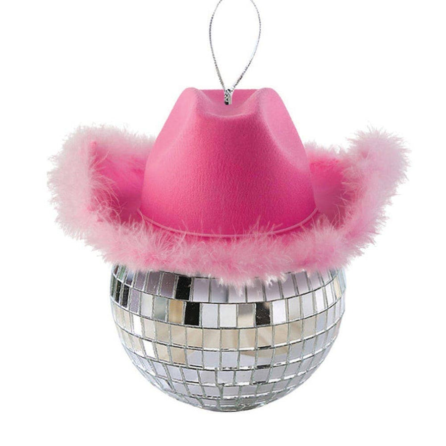 60MM Silver Mirror Ball With Pink Cowboy Hat Orn