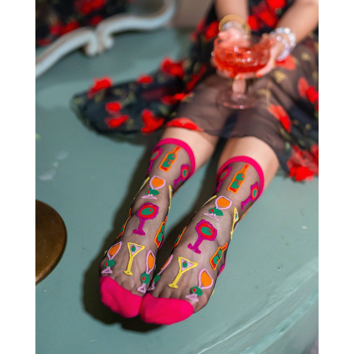 Cocktail Hour Black Sheer Crew Socks