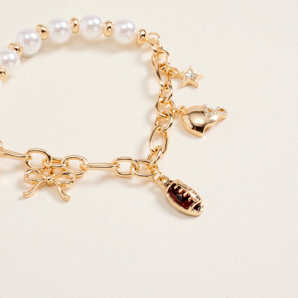 7.25 Inch Football Charms Pearl Chain Stretch Bracelet