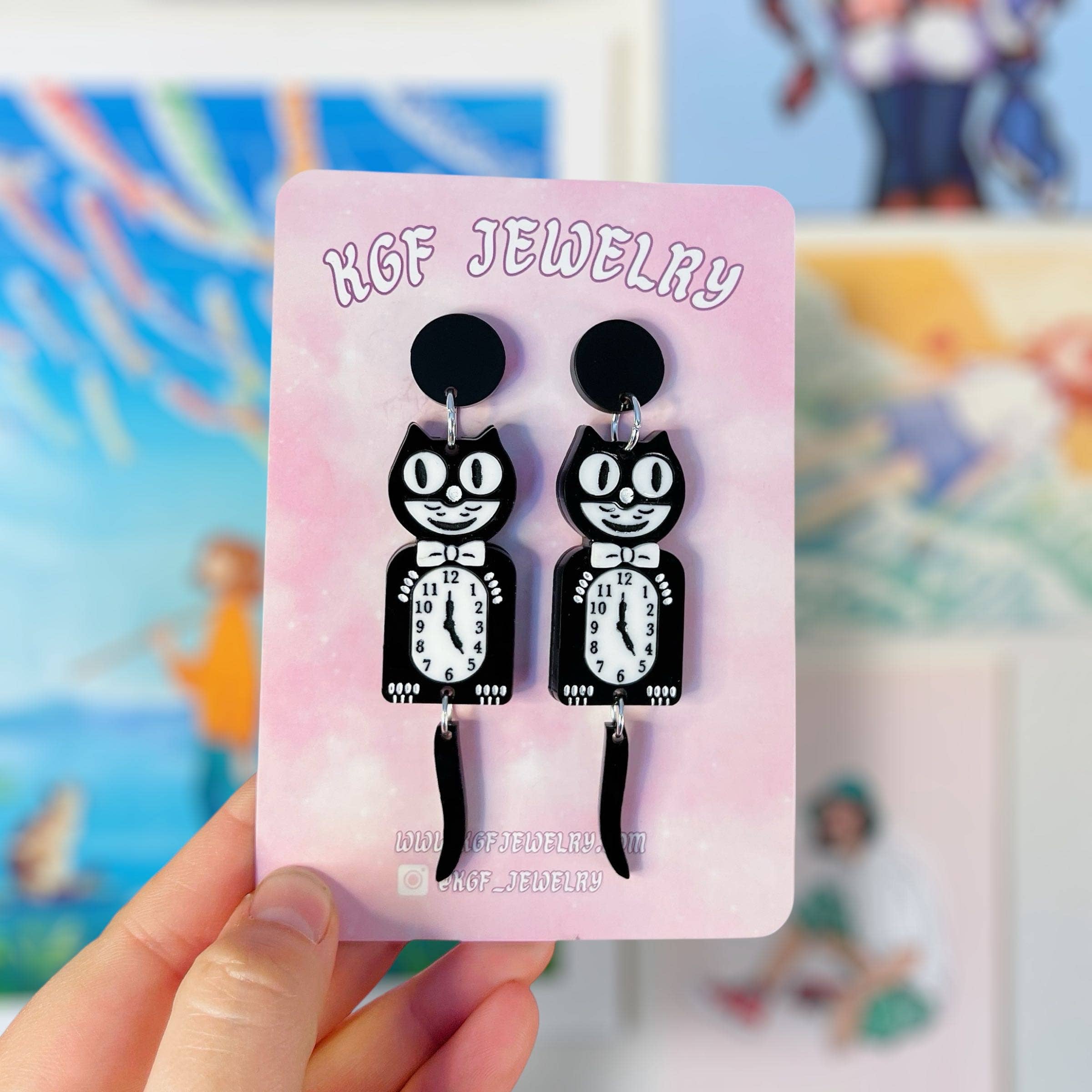 Black Cat Clock Handmade Acrylic Earrings & Keychains