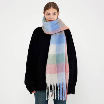 Women Warm Plaid Fringed Shawl