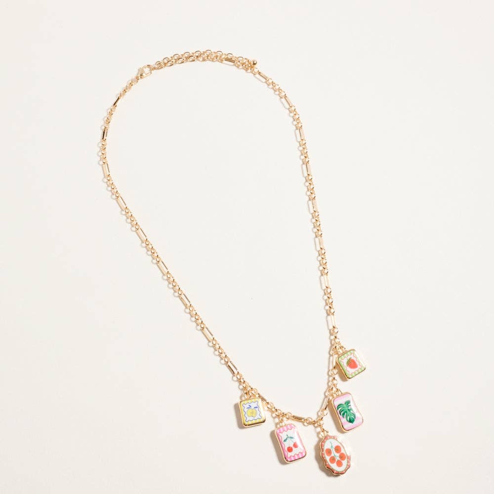 Vintage Fruit Plant Print Enamel Charm Necklace
