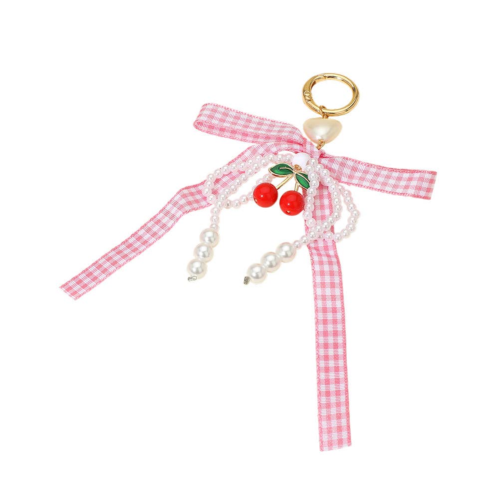 12PCS - Cherry Charm Accent Pearl Beaded Gingham Bow Bag Charm Keychains