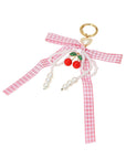12PCS - Cherry Charm Accent Pearl Beaded Gingham Bow Bag Charm Keychains