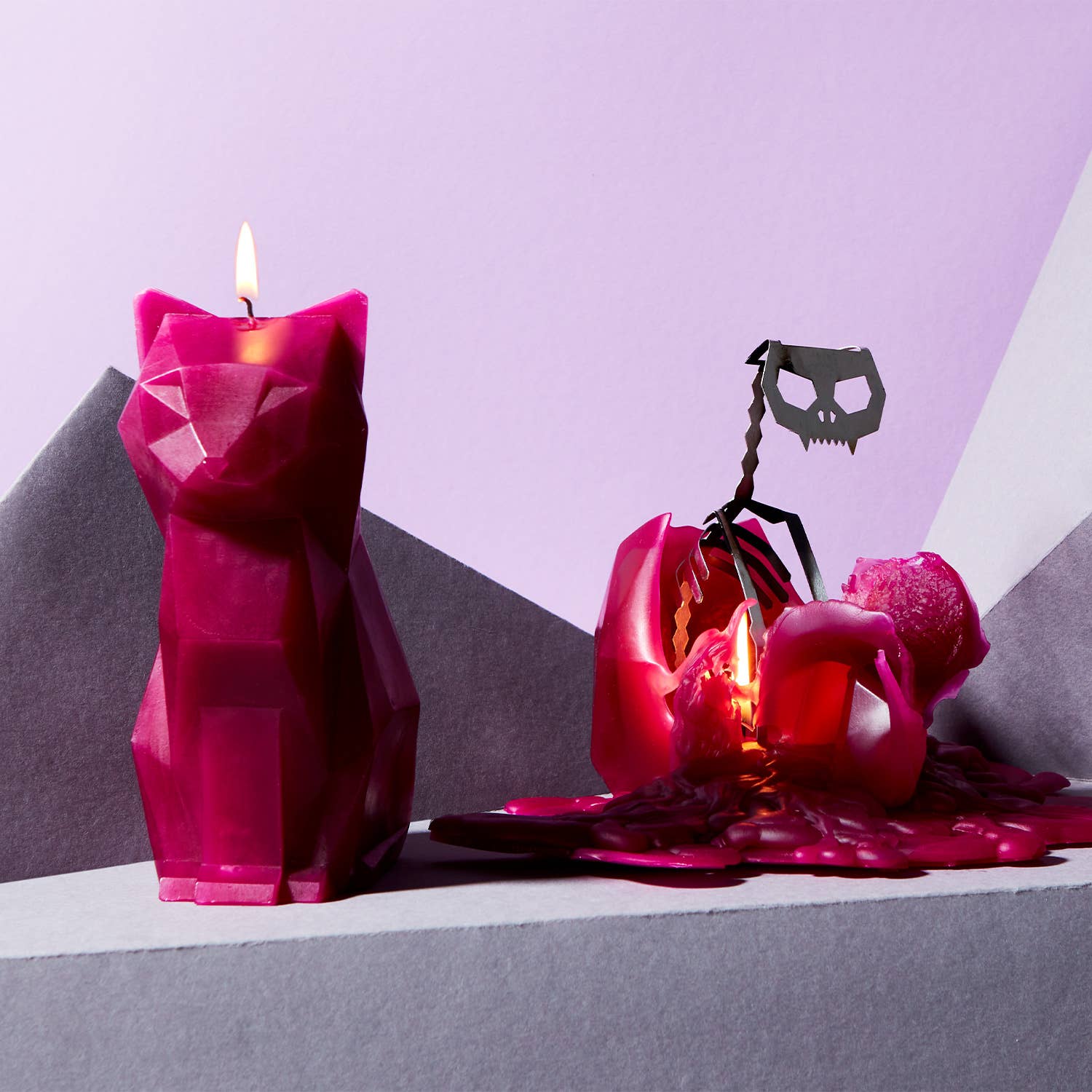 PyroPet Kisa Cat Skeleton Candle - 7" Tall, Burgundy
