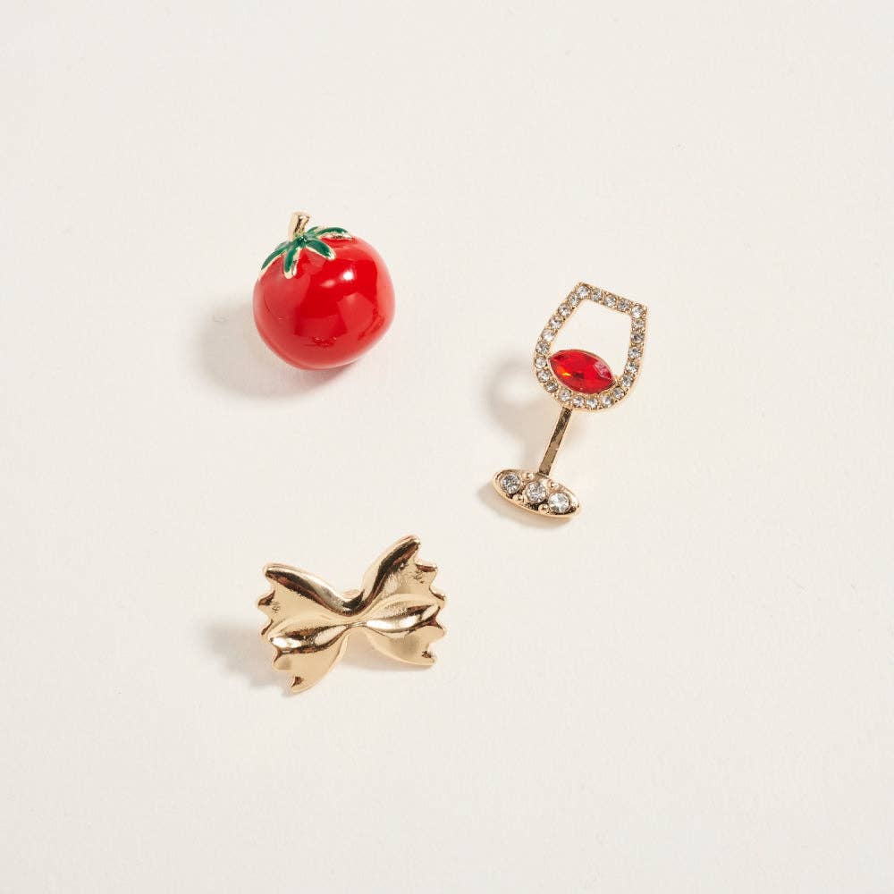 Wine Glass Tomato Bowtie Pasta Brooch Pin Set of 3