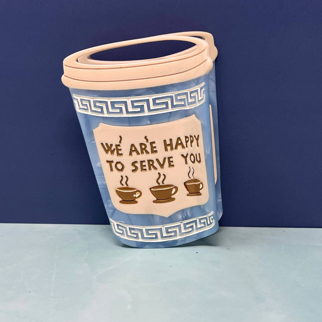 NYC Coffee Cup Hair Claw Clip – “We Are Happy to Serve You” Blue Greek Diner Inspired Accessory
