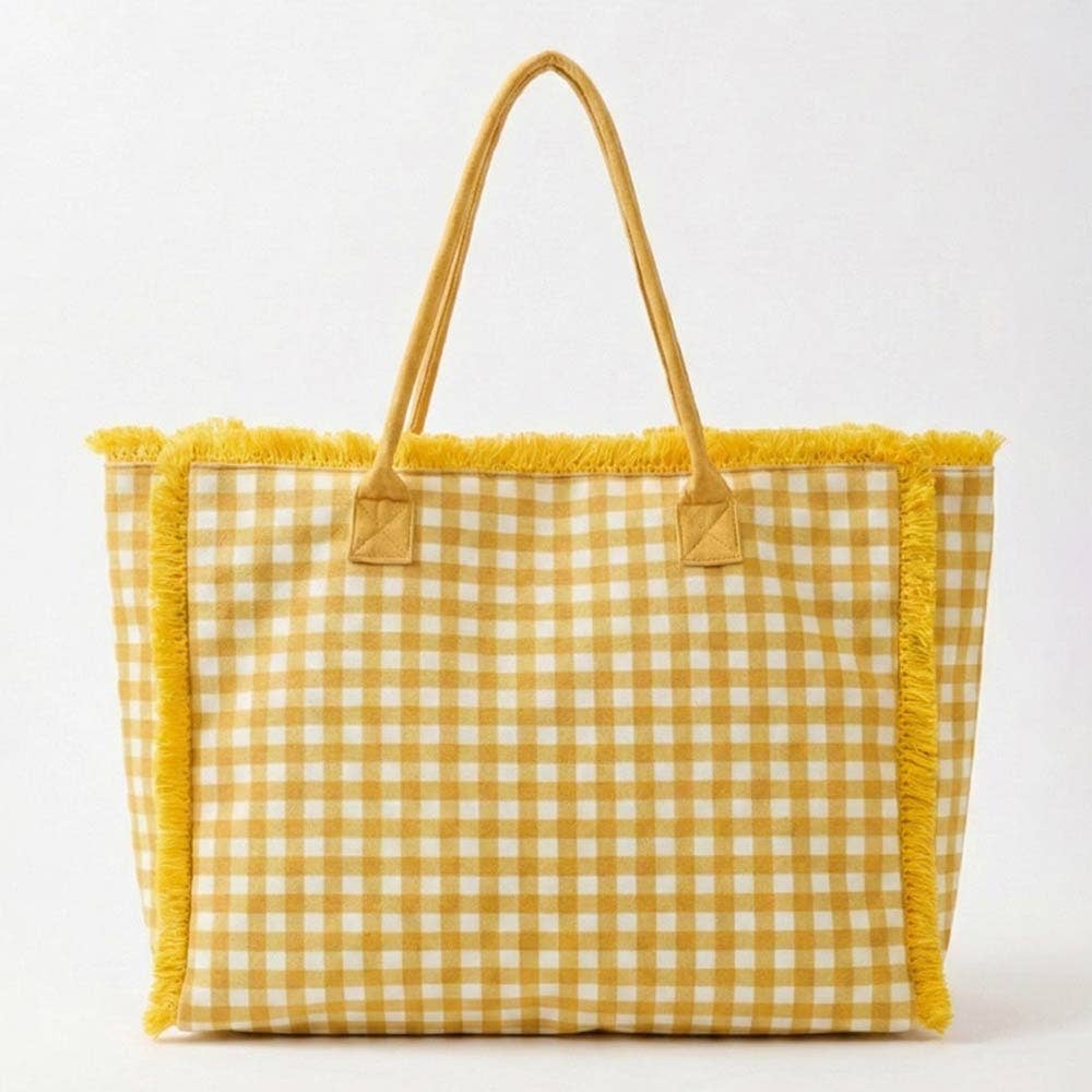 Gingham Check Terry Cloth Frayed Shoulder Tote Bag