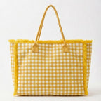 Gingham Check Terry Cloth Frayed Shoulder Tote Bag