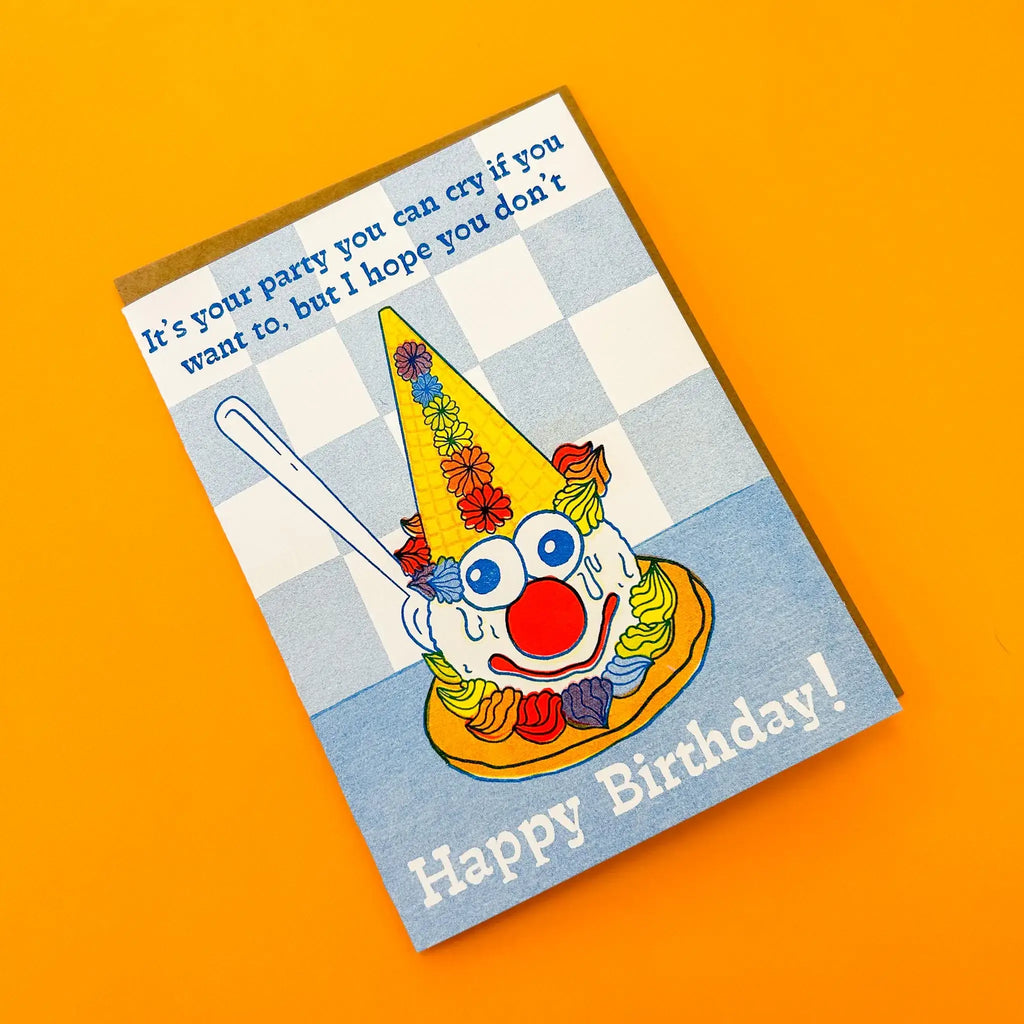 Crying Clown Cone Celebration Risograph Greeting Card