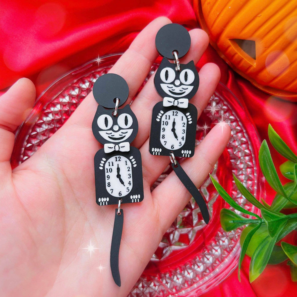 Black Cat Clock Handmade Acrylic Earrings & Keychains