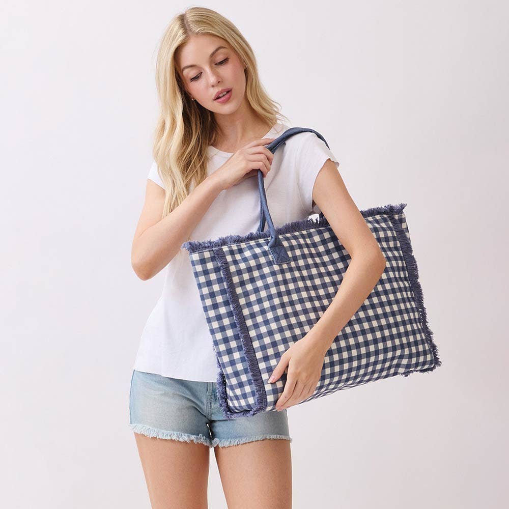 Gingham Check Terry Cloth Frayed Shoulder Tote Bag