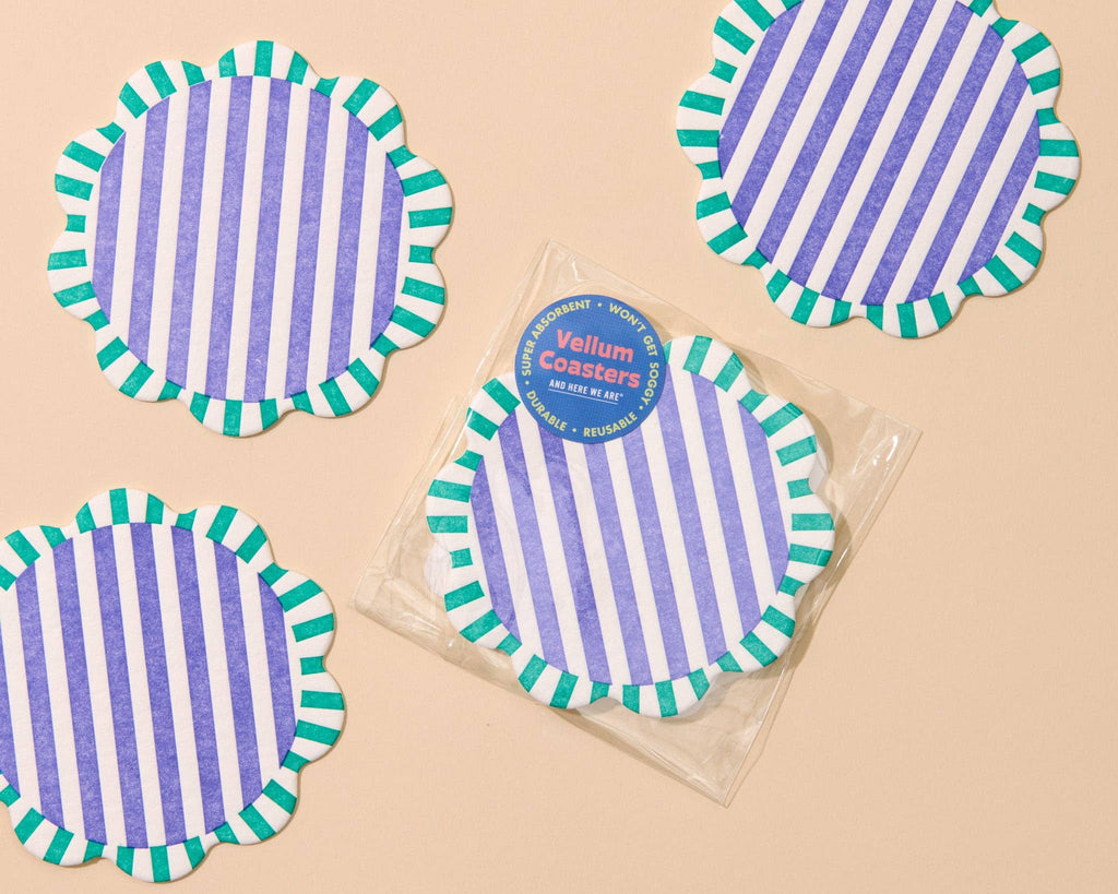 Letterpress Reusable Vellum Coasters—Capri Stripe: Teal/Purp