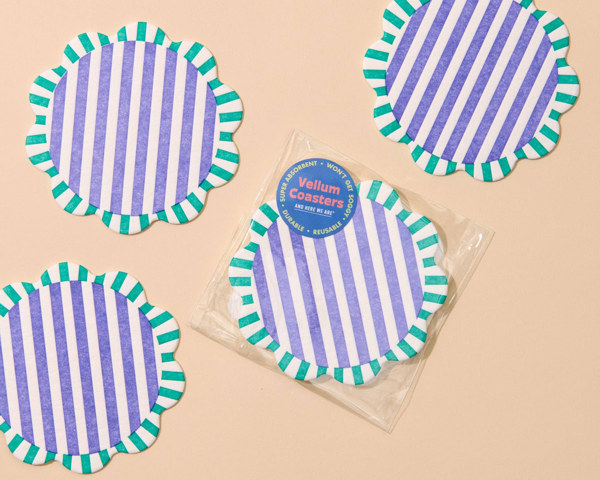 Letterpress Reusable Vellum Coasters—Capri Stripe: Teal/Purp