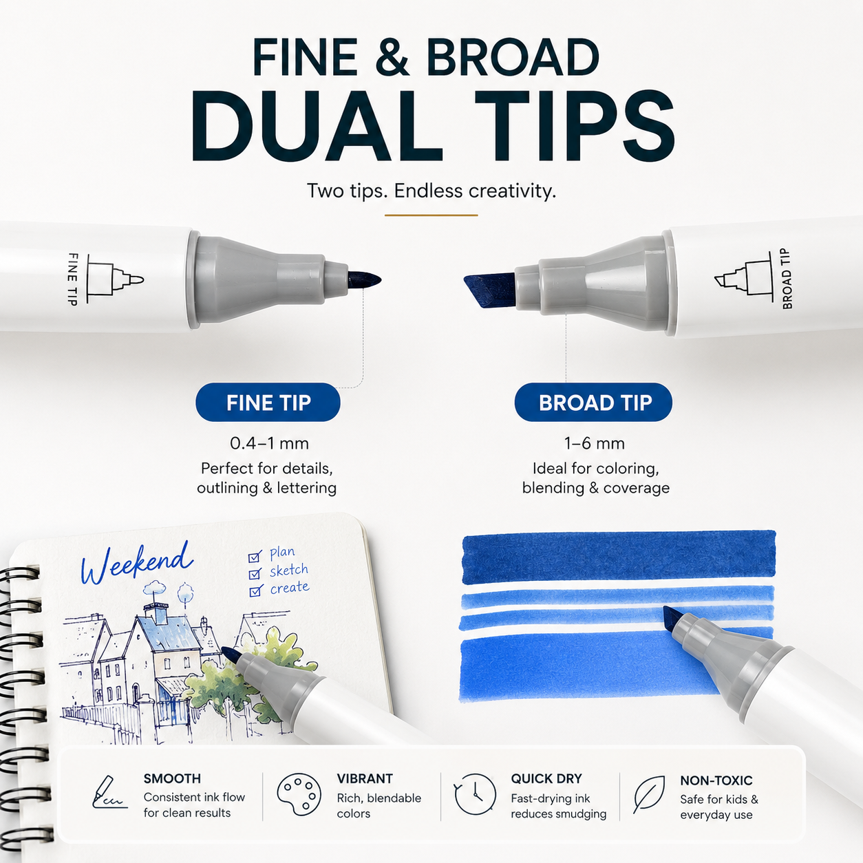 Dual-Tip Alcohol Marker Sets (24-Count) - Non Toxic