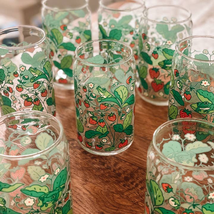 Strawberry Frog Can Glass | Cottage Core, Berries & Frogs