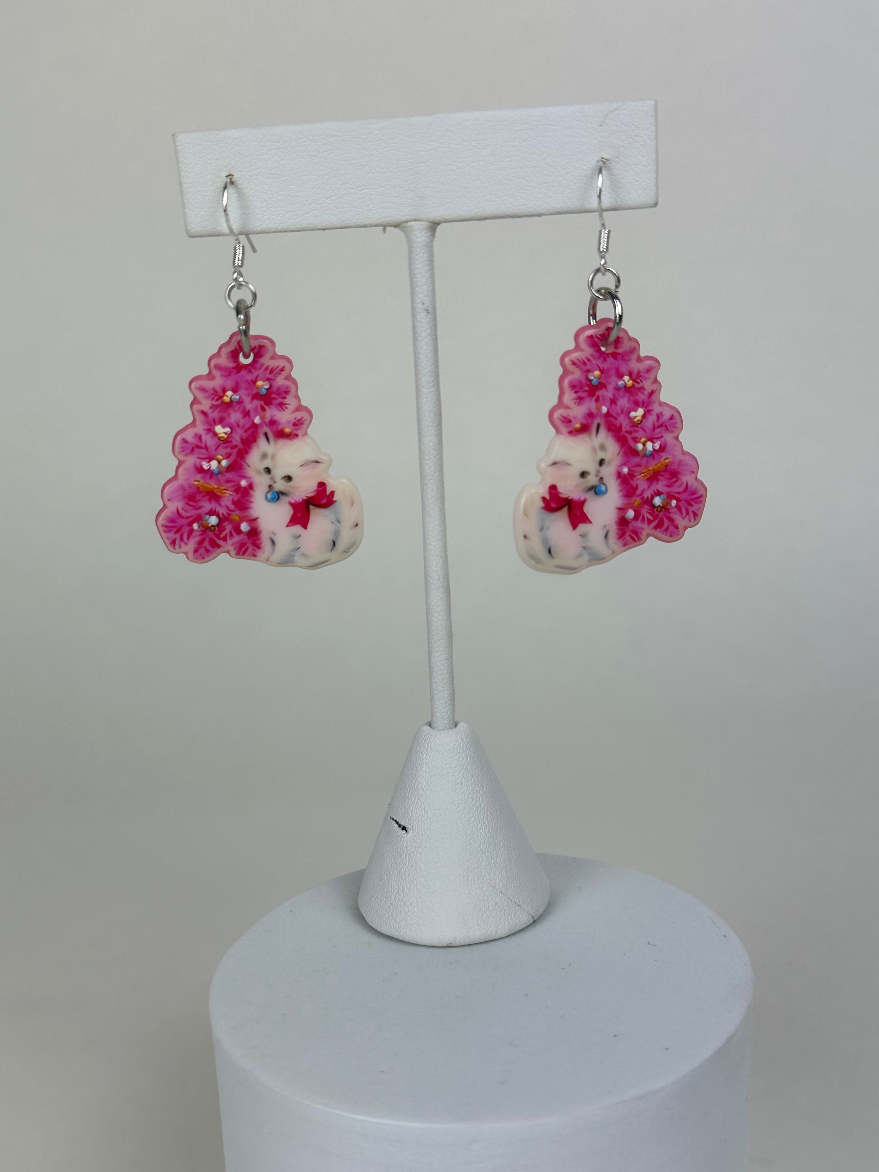 Pink Tree Cats - Holiday Earrings