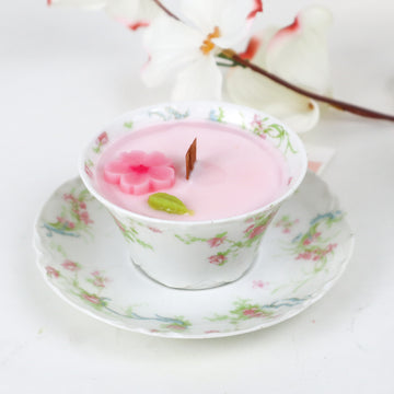 Vintage Small Floral Teacup + Saucer Cherry Blossom Scent Soy Candle