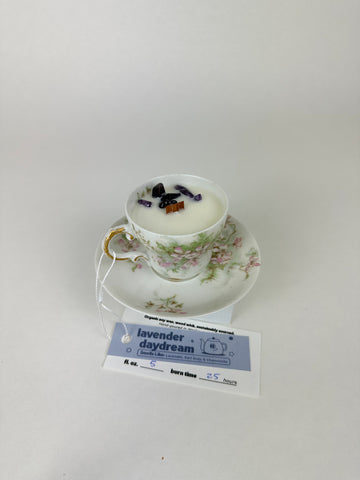 Lavender - Organic Soy Wax Candle, Dainty Floral Vintage Teacup and Saucer