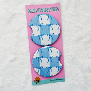 2 Car Coasters, Blue Coquette Bow & Checkered Pattern