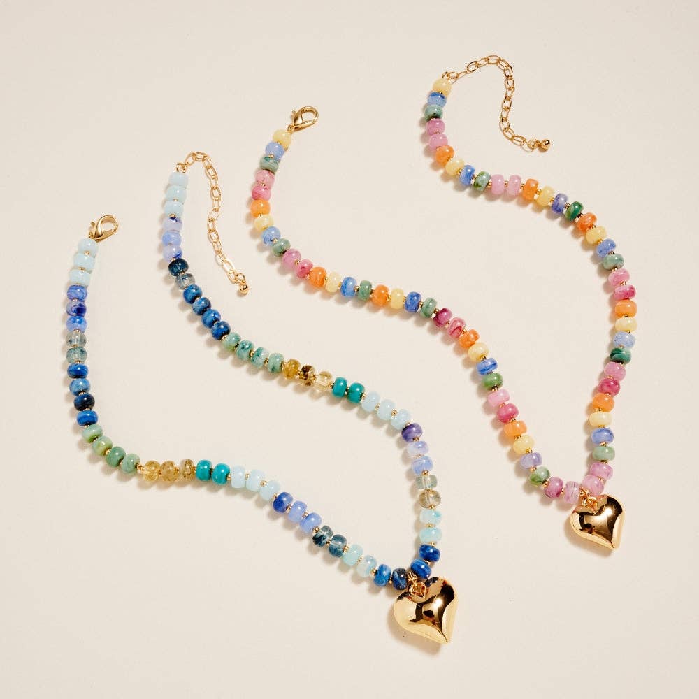17 In Marbled Beaded Puffy Heart Pendant Necklace