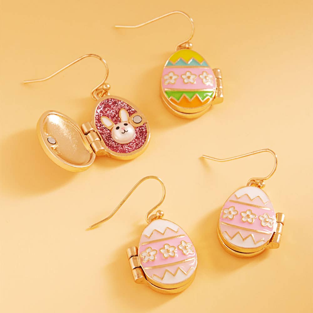 Easter Bunny Face Inside Egg Locket Drop Dangle Earrings