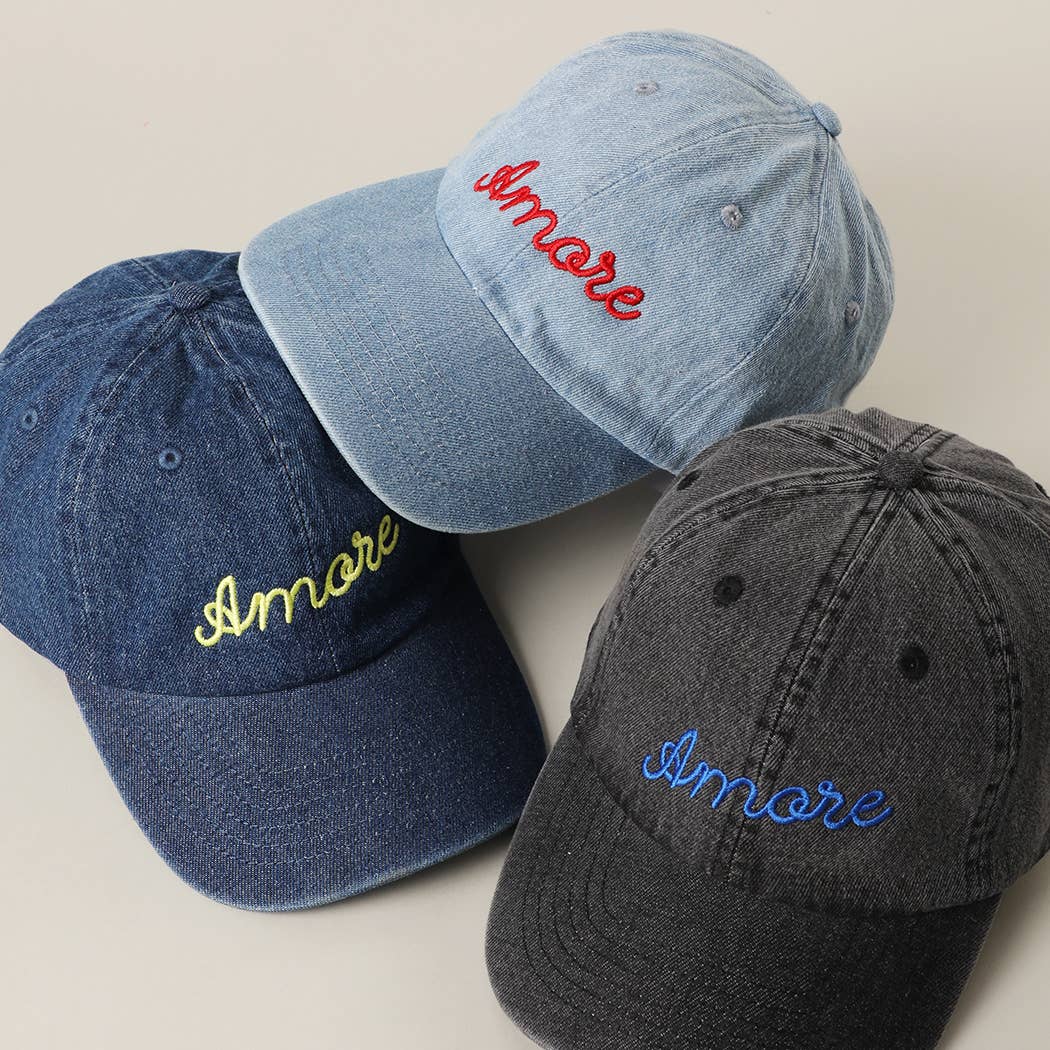 Amore Embroidered Washed Denim Baseball Cap