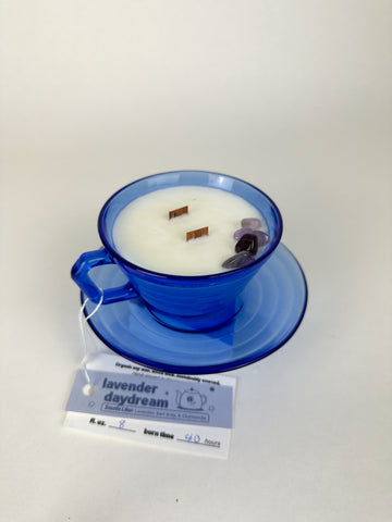 Lavender - Organic Soy Wax Candle, Transparent Blue Teacup and Saucer