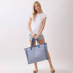 Gingham Check Terry Cloth Frayed Shoulder Tote Bag