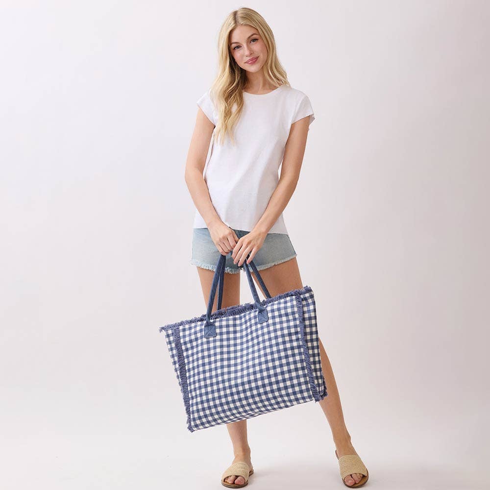 Gingham Check Terry Cloth Frayed Shoulder Tote Bag