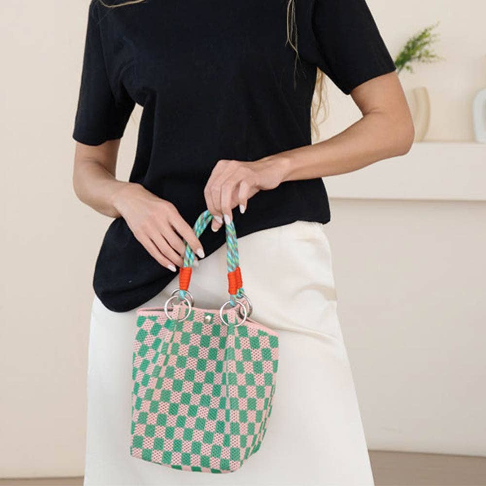 Woven Fabric Checkered Mini Bucket Handbag