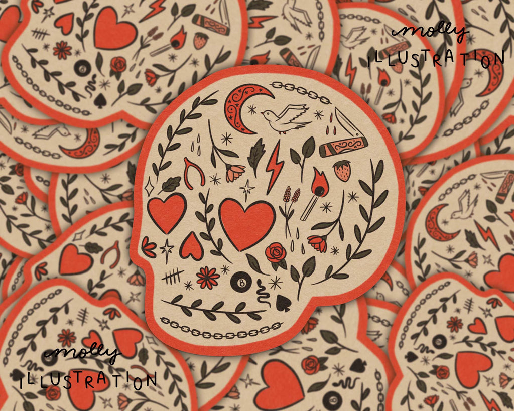 Heart Eyes Botanical Cartoon Skull Waterproof Vinyl Sticker