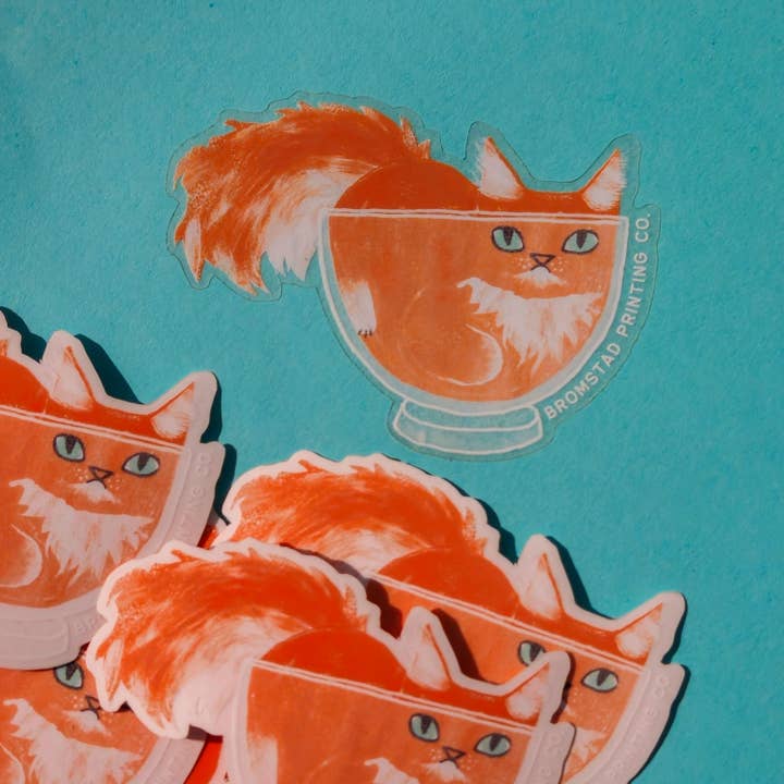 Orange Cat in A Bowl Clear Sticker