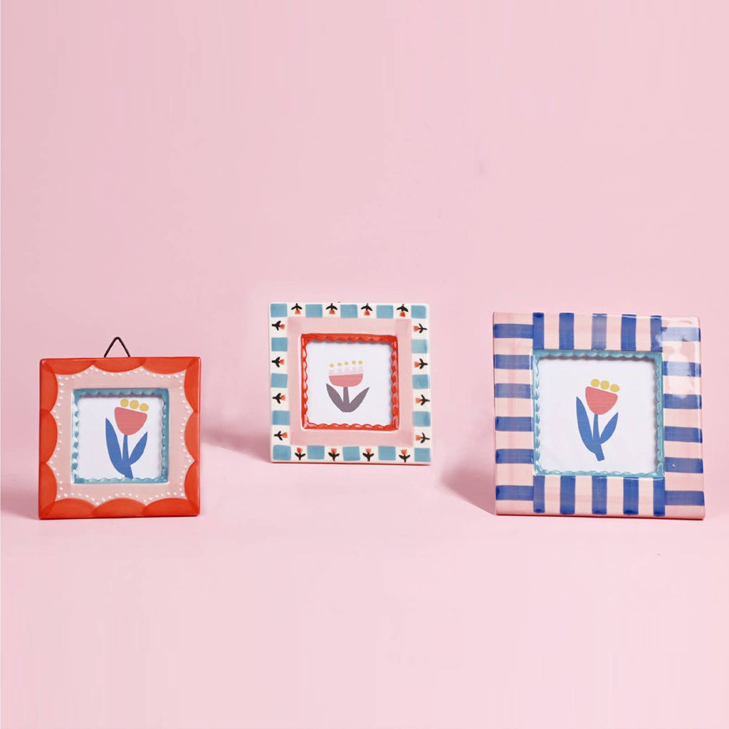Hand-painted Ceramic Photo Frame, Blue Stripe