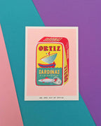 A risograph print of a can full of sardinas