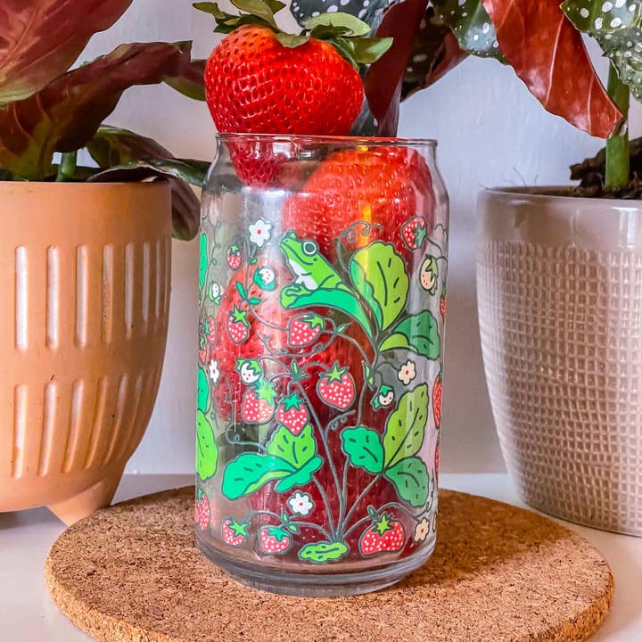Strawberry Frog Can Glass | Cottage Core, Berries & Frogs