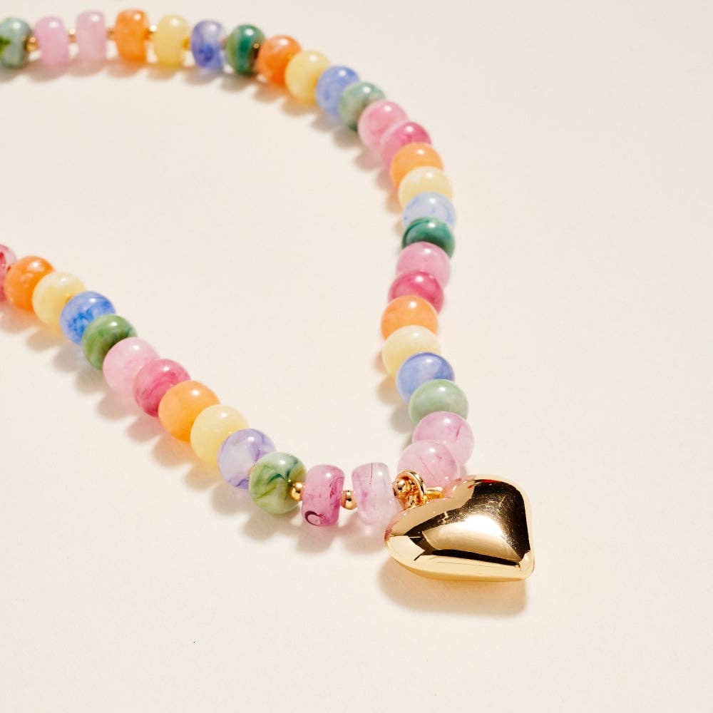 17 In Marbled Beaded Puffy Heart Pendant Necklace